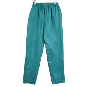 VTG 90s Malcolm Flowers Silk Jogger Pants Women Size M Teal Lined Pull On Casual